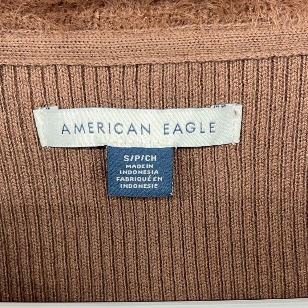 American Eagle Women Size S Zip Up Cardigan Brown Faux Fur Collar Ribbed Sweater - Picture 7 of 8